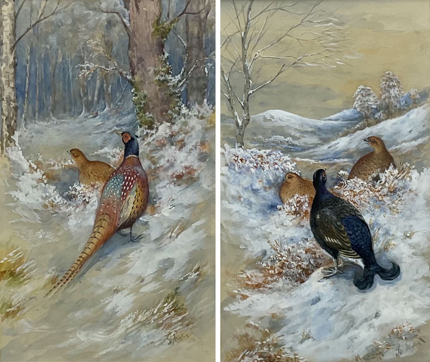 James Stinton (British 1870-1961): Pheasants and Grouse in Winter Landscapes, pair watercolours heightened in white signed 28cm x 16.5cm (2)