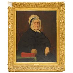 LTH (British Mid-19th century): Portrait of Mary Highley Aged 96 Holding a Holy Bible, oil on canvas signed inscribed and dated 1845 verso 90cm x 70cm