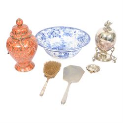 Engine turned silver brush and mirror, hallmarked, together with brass jam pan, wooden box, blue and white bowl and other collectables  