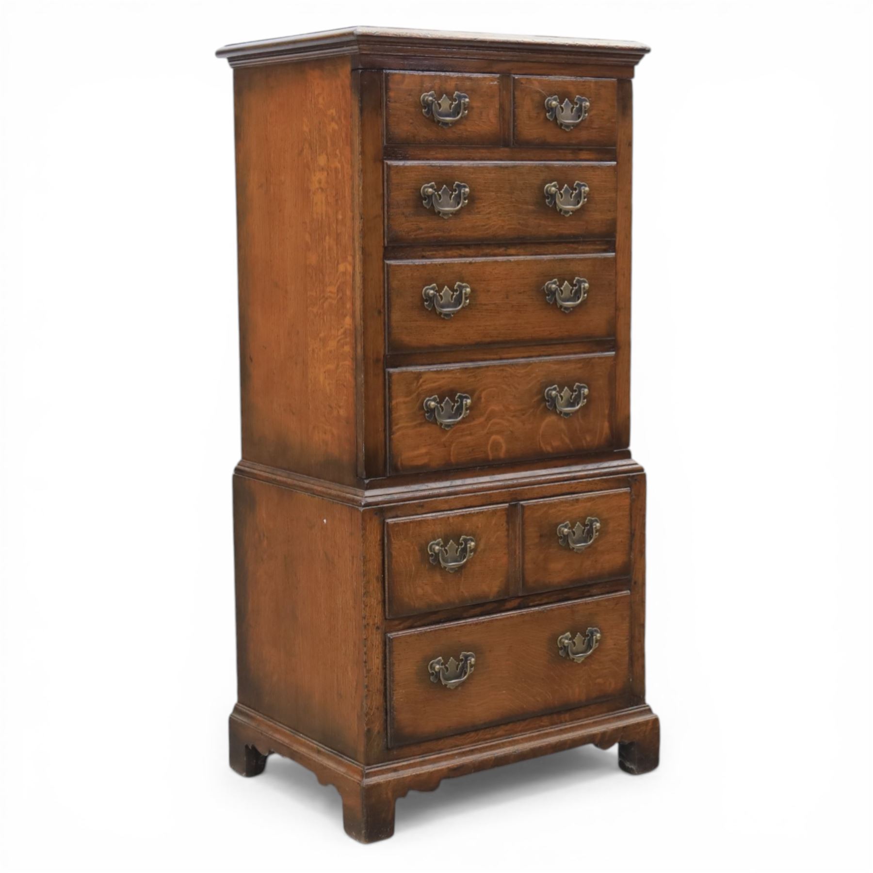 Titchmarsh & Goodwin - Georgian design small oak cabinet in the form of a tallboy, false drawers with cupboard top, over two long drawers raised on bracket feet 