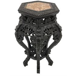 Chinese carved hardwood jardinière stand, inset marble top
