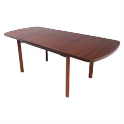 Mid-20th century mahogany extending dining table, with additional leaf, raised on square legs