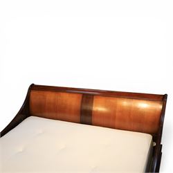 And So To Bed - 5' king size 'Palais' cherry wood sleigh bed, the cylindrical rolled head and foot rails over panelled boards with darker crossbanded detail, shaped scroll ends and moulded plinth base, with Vi-Spring divan base
