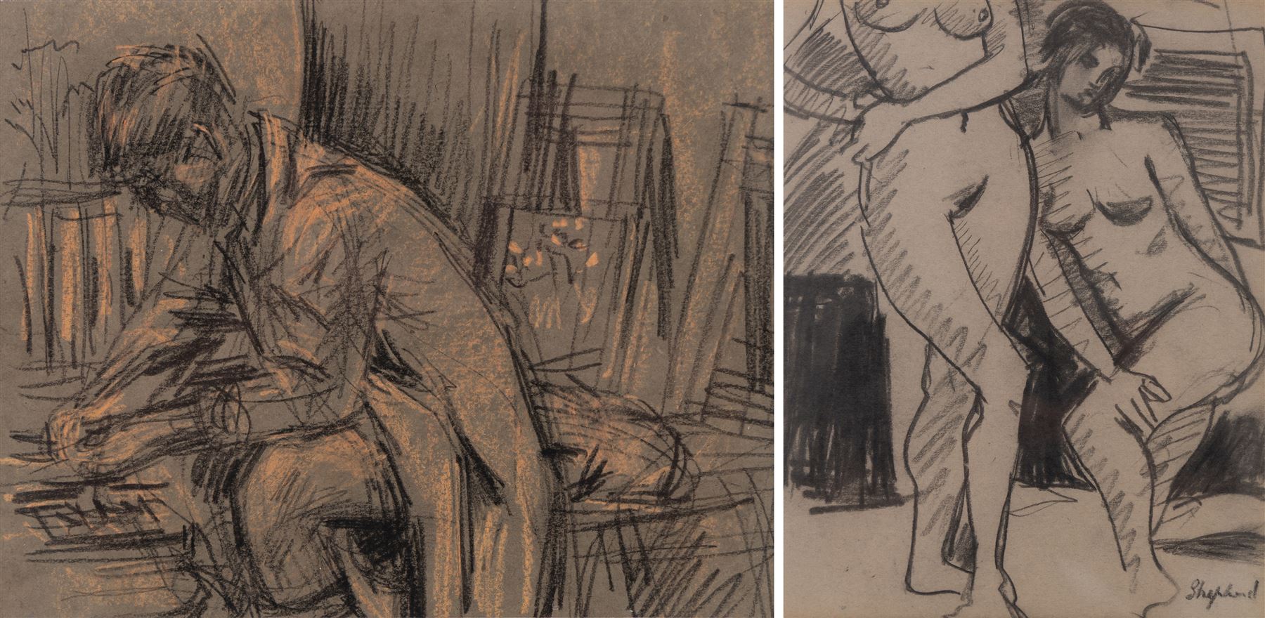 Sidney Horne Shepherd (British 1909-1993): Life Drawing, graphite on paper signed 30cm x 24cm; Maurice Feild (British 1905-1988): The Artist in the Studio, mixed media unsigned 16.5cm x 21cm (2)