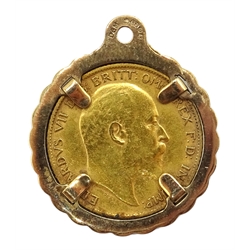  1908 gold half sovereign, loose mounted in 9ct gold pendant hallmarked  