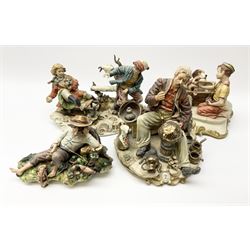 Collection of Capodimonte figures, comprising man working on metalwork H23cm, Cane in Vendita H19cm, Children having a snowball fight H18.5,  and a boy fishing H14cm. .