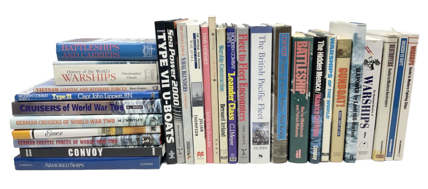 Thirty books of maritime and naval interest including David Hobbs: The British Pacific Fleet; Ian Marshall: Armoured Ships; M.J. Whitley: Cruisers of WW2, German Cruisers of WW2 and German Coastal Forces of WW2; books on warships, U-Boats, combat ships etc