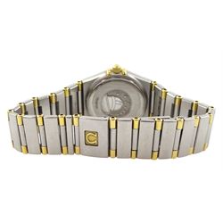 Omega Constellation ladies bi-colour quartz wristwatch, silvered dial with baton hour markers and Roman numeral bezel, on original Omega bracelet, with fold-over clasp