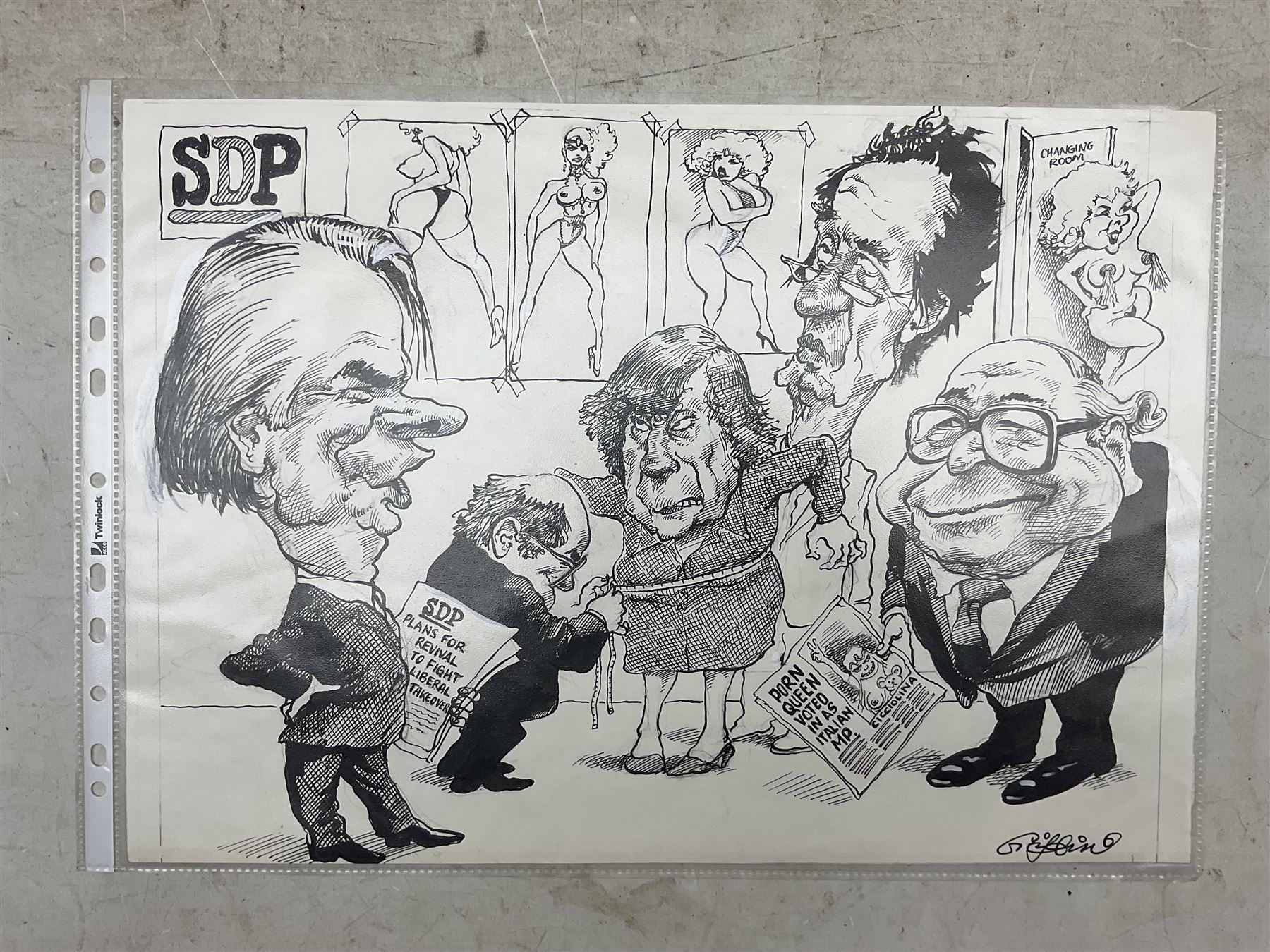 Charles Griffin (British 1946-): Collection of five political and social cartoons c.1985, including caricatures of various politicians, Crossroads characters, SDP plans for liberal takeover etc (5) (unframed)