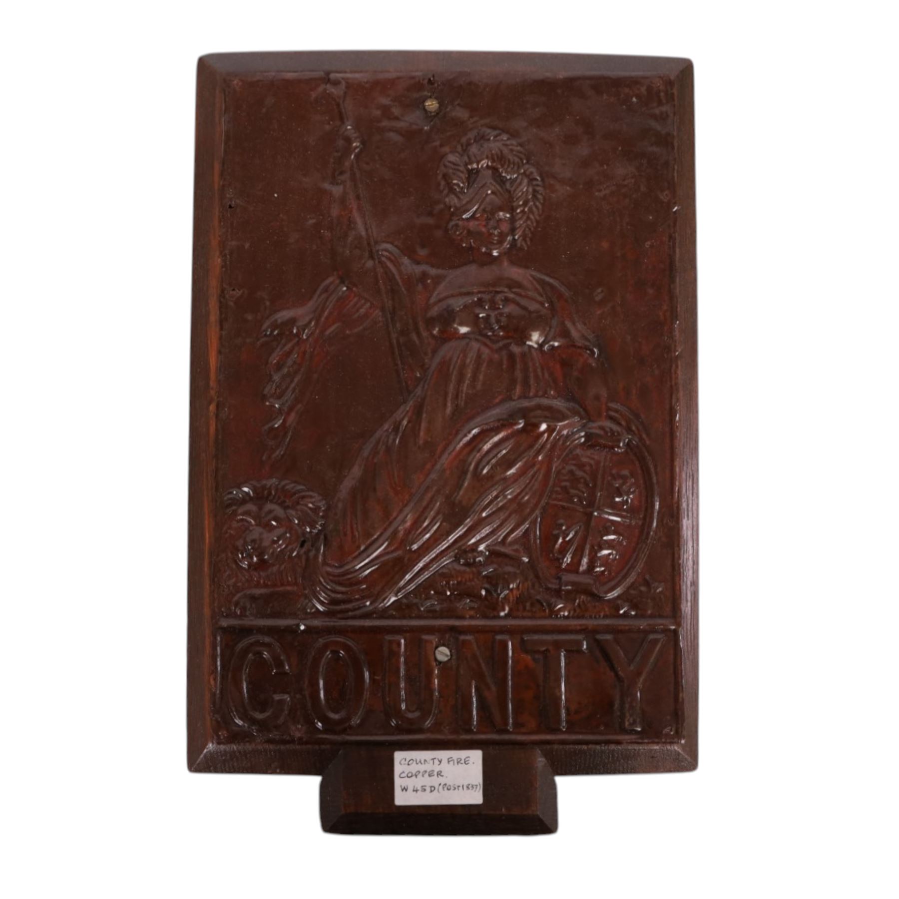 Two 19th century fire insurance marks, comprising tin County Fire Office, mounted upon oak backing, Lead Royal Exchange Assurance, mounted upon circular oak frame, together with a Milners' Fire Resisting Safe plaque, 