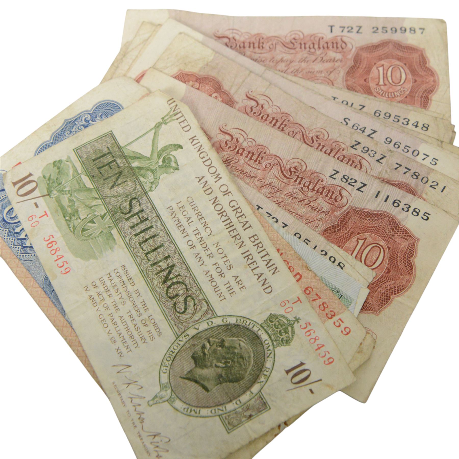 King George V Treasury series Warren Fisher ten shillings note, Bank of England Peppiatt Emergency Issue one pound note, and various one pound and ten shilling notes