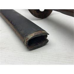 Good quality Japanese sword blade with later WWII fittings and scabbard  - 67.5cm slightly curving blade with unmarked tang, plain iron tsuba and lacquered grip with copper mounts; in lacquered wooden scabbard with tape bound tip L94cm overall