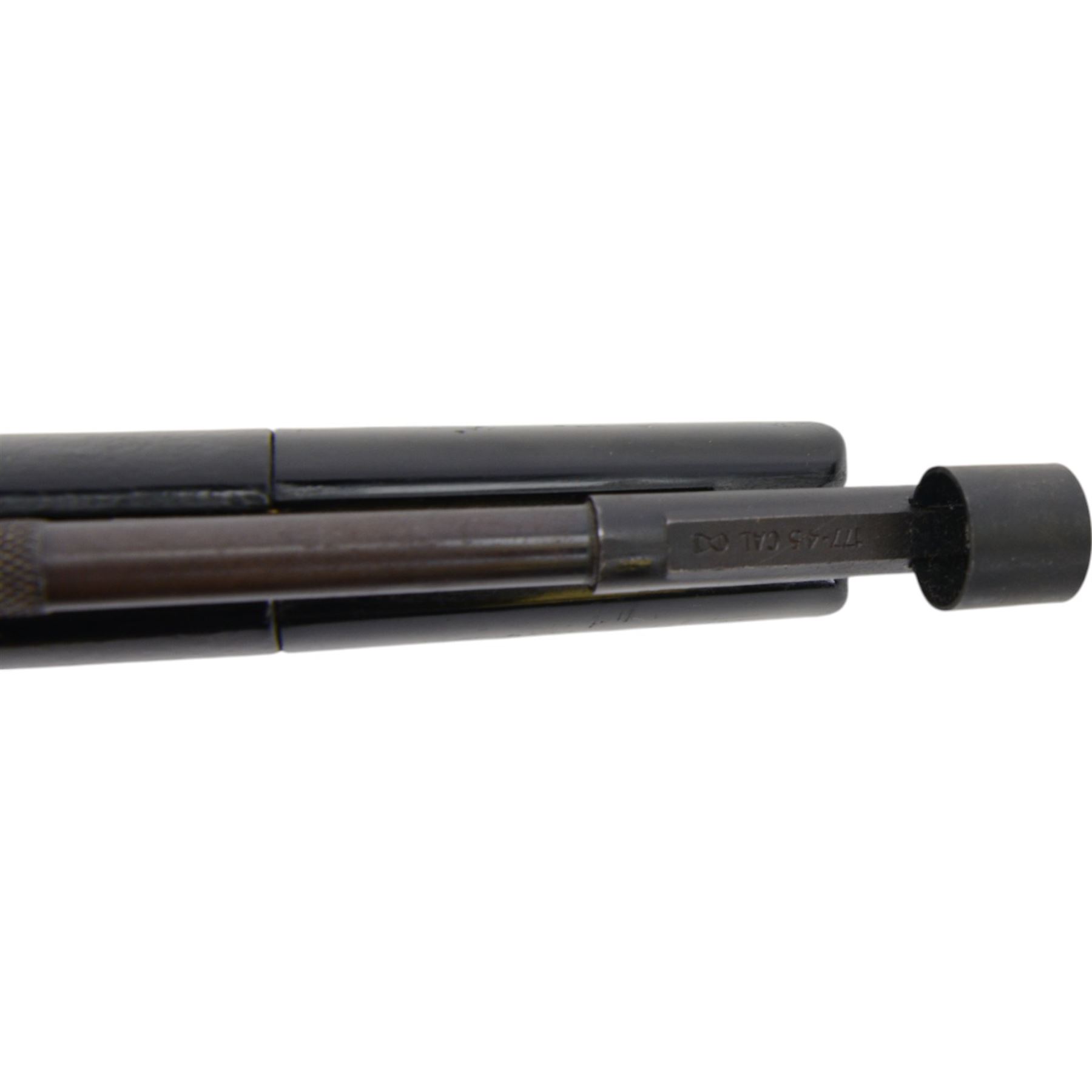Webley Hurricane .177 air pistol, the chamber marked 'Hurricane' and 'Webley & Scott Ltd. Birmingham England' beneath, with front hooded sight and black checkered grip, H14cm, L28cm