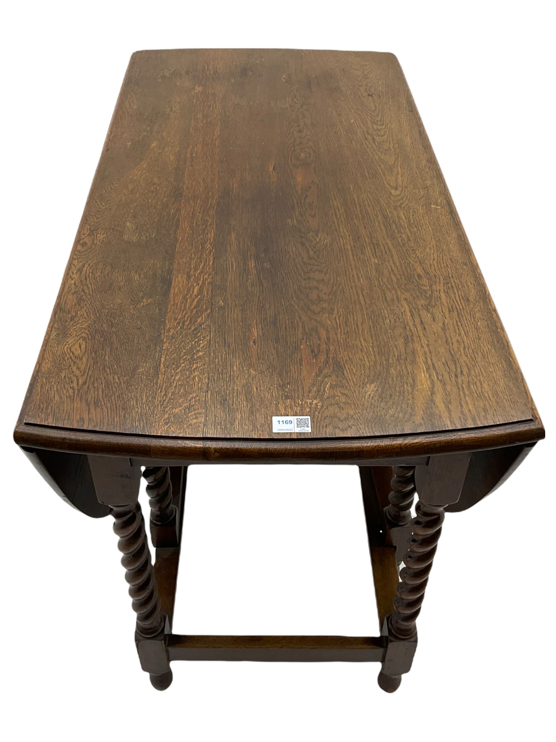 Early 20th century oak barley twist drop leaf dining table (105cm x 154cm, H74cm), and four chairs 