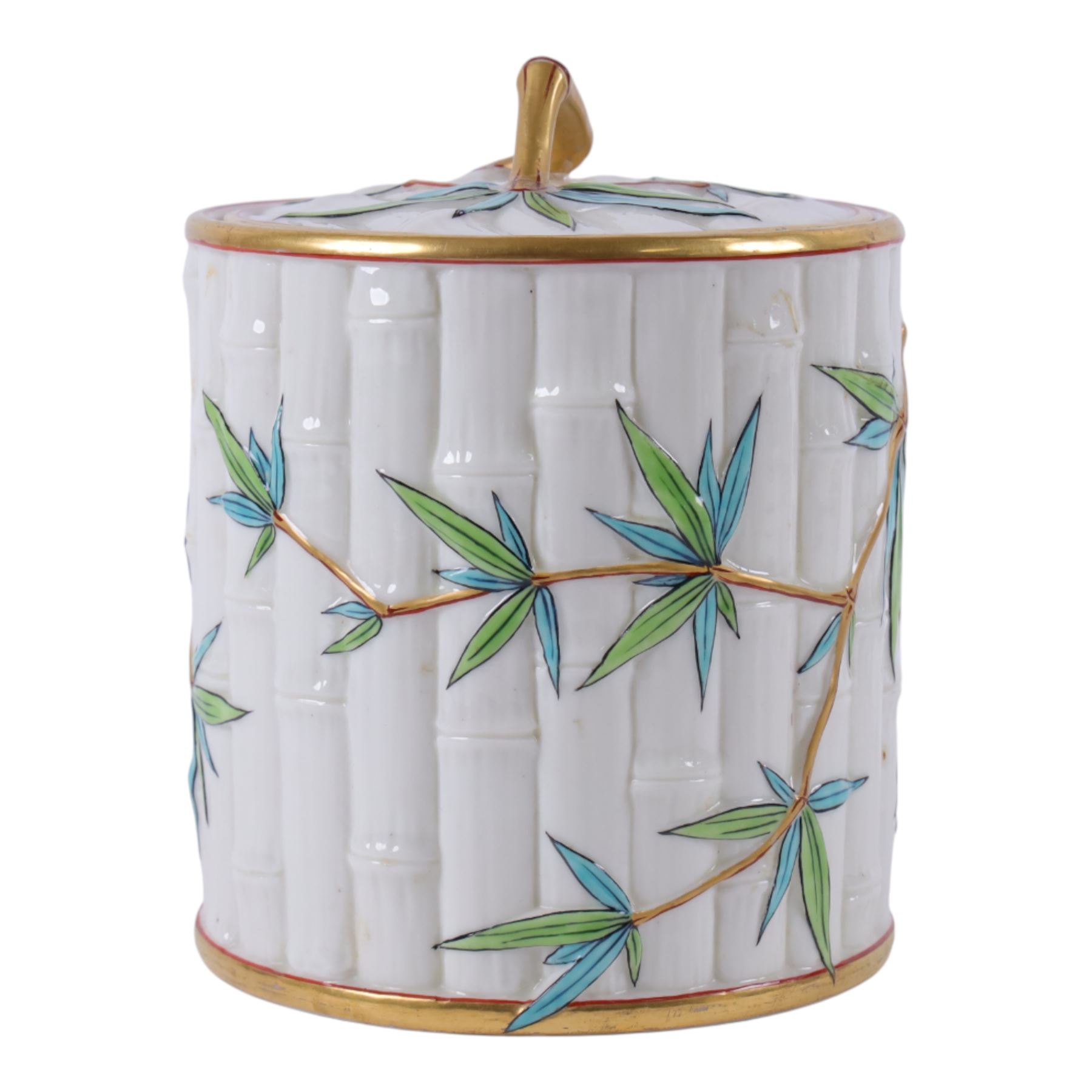 Royal Worcester Blush Ivory biscuit barrel and lid, in the form of bamboo with painted leaves and gilt highlights, H19cm 