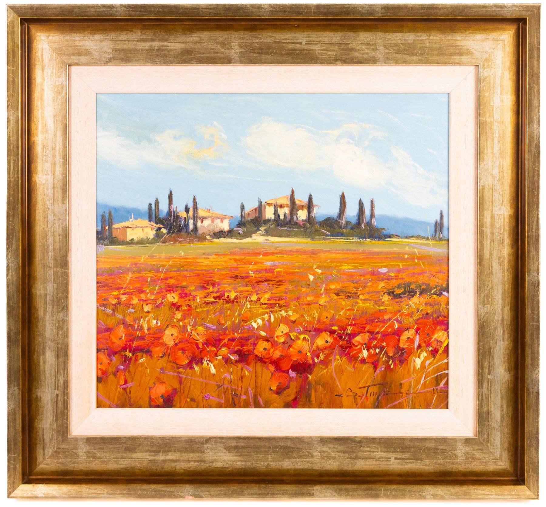 Bruno Tinucci (Italian 1947-): 'Il Sole di Mezzogiorno VI' - Poppy Fields, oil on canvas signed, titled on Platinum Galleries certificate 44cm x 49cm 