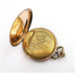  Swiss 9ct rose gold chronometer half hunter pocket watch, engraved Ancre ligne droite 16 rubis Balancier Chronometre, spiral breguet chaton no11014, stamped 9K  