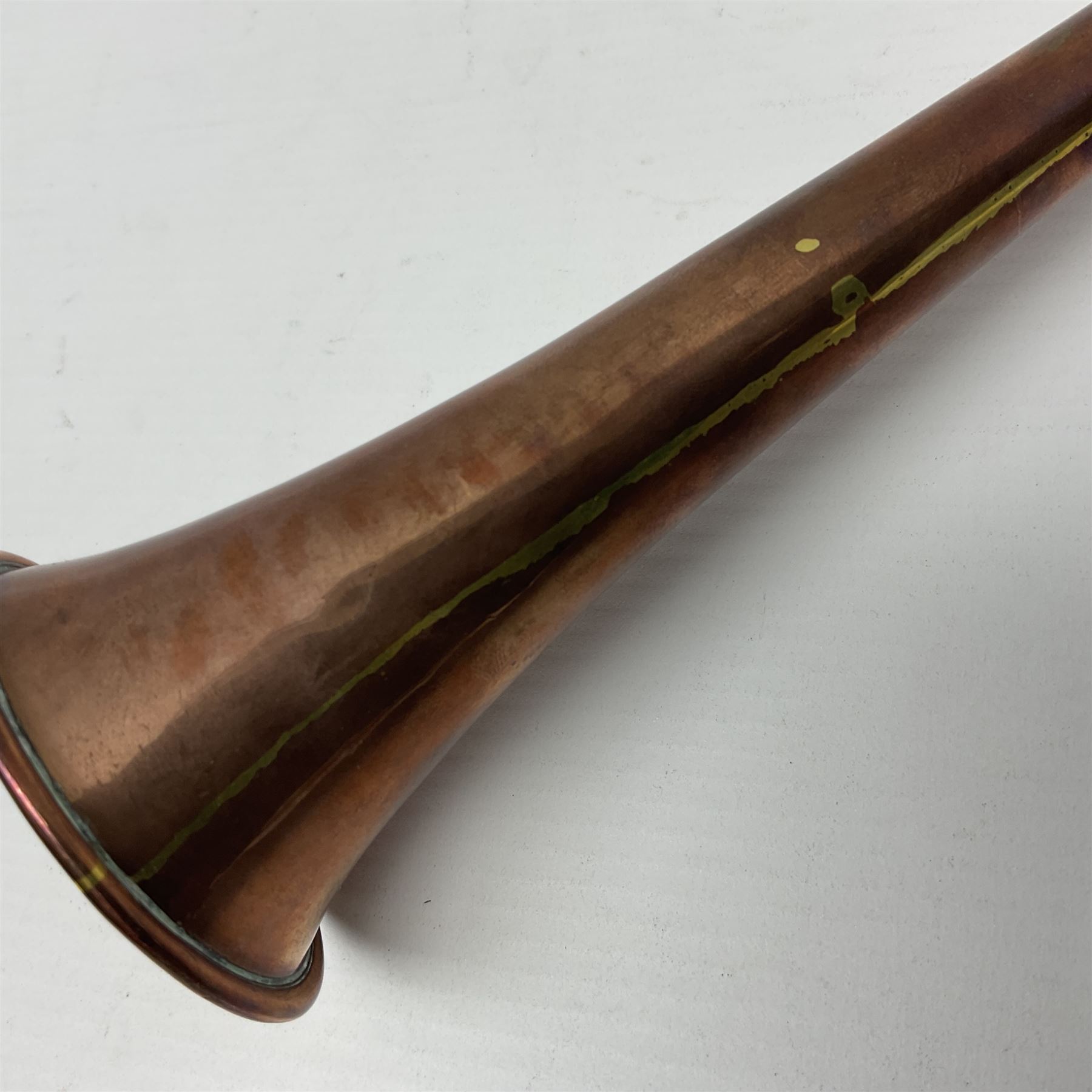 Late 19th century copper and silver plate hunting horn, stamped Swaine & Adeney London Proprietors of Kohler & Son Made in England, L23.5cm