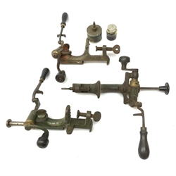 19th century and later predominantly 12-borer cartridge making equipment including three re-loaders, one by James Dixon, two powder/shot measures, muzzle loader charger, ball bullet mould, J. Purdy & Sons extractor, Rangoon oil tin, Lock oil bottle etc