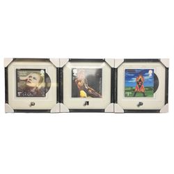Set of three Royal Mail David Bowie limited edition album stamp prints, comprising  Ziggy Stardust Tour, Hunky Dory and Earthling, all framed and in original packaging, H43cm W43cm