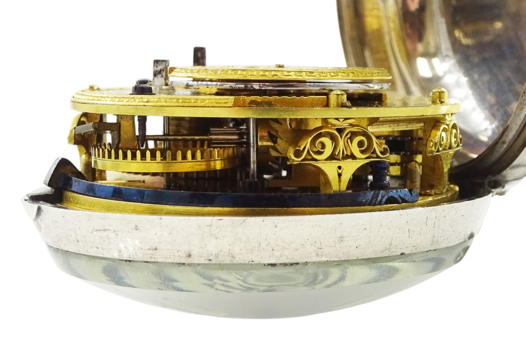 George III silver and gilt metal triple cased verge fusee pocket watch, for the Turkish market by Markwick Markham Borrell, London, No. 23209, ornate classical design pillars, pierced and engraved foliate balance cock, white enamel dial with Turkish numerals, bull's eye glass, the silver cases by James Richards, London 1804, the silver and gilt outer case decorated with green shagreen
