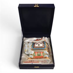 Royal Crown Derby paperweight, Large Indian Elephant made for Mulberry Hall, with gold sto...