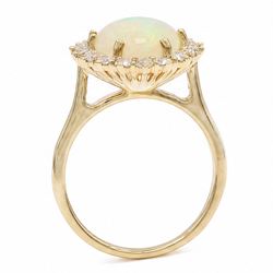 9ct gold opal and diamond cluster ring, single cabochon cut opal of approx 1.95 carat, surrounded by eighteen round brilliant cut diamonds, total diamond weight approx 0.80 carat