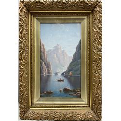 Nils Hans Christiansen (Denmark 1850-1922): Day and Eventide on the Fjords, pair oils on board signed 40cm x 22cm (2)