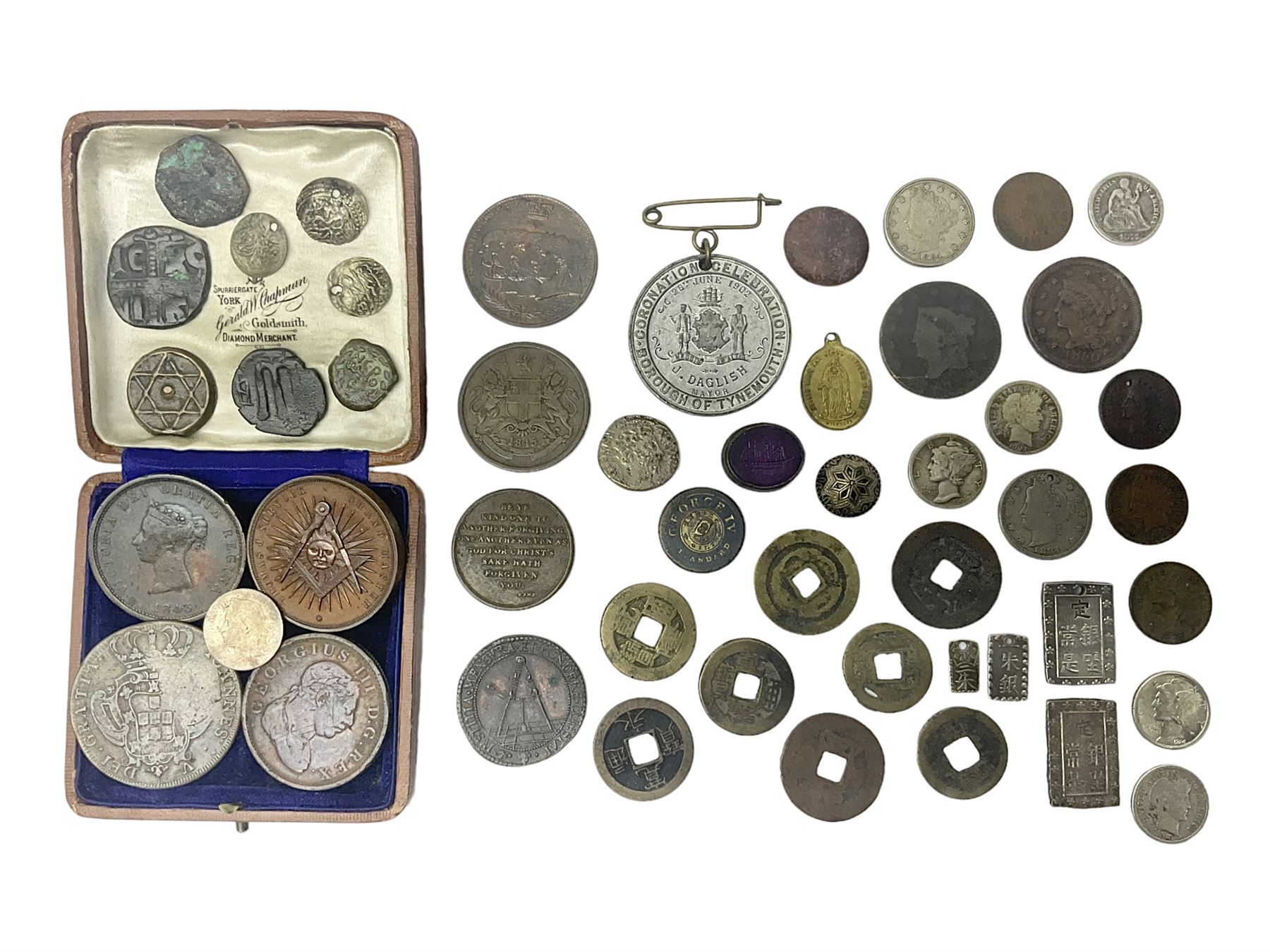 Coins, tokens, paranumismatic and miscellaneous items, including United States of America 1850 one cent, 1877 one dime, 1884 five cents, 1926 Liberty dime etc, Queen Victoria New Brunswick 1843 one penny token, East India Company 1845 half anna, Chinese cash coins, Grand Lodge of Maryland November 16th 1886 Centennial Session medallion etc