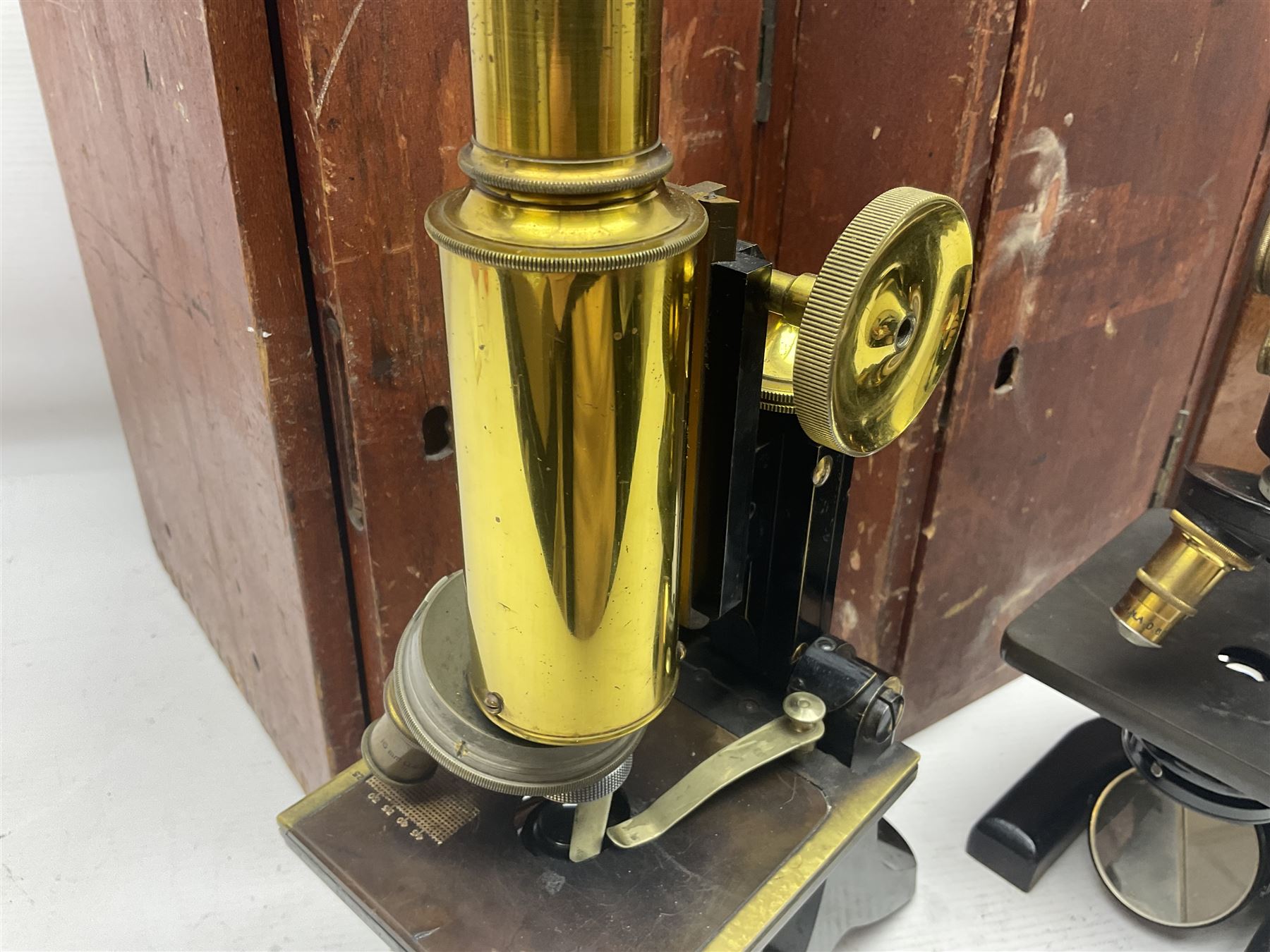 Three boxed microscopes, comprising Hawkslay & Sons Spencer Buffalo microscope no 68177, J Swift & Son microscope and R & J Back microscope no 30241