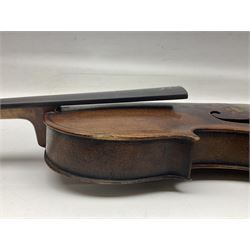 Chinese Parrot violin with 35.5cm two-piece back; L59.5cm in carrying case; and early 20th century German violin for restoration; bears label 'Antonius Stradivarius Faciebat Anno 1730'; cased with bow (2)