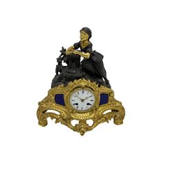 Early 19th century c 1820 French mantle clock in a spelter and gilt case, eight day striking movement with a silk suspension, striking the hours and half-hours on a bell, Enamel dial with Roman numerals, minute markers and brass trefoil hands. With pendulum.

