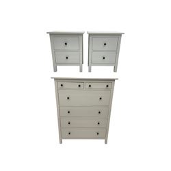 IKEA - 'Hemnes' white finish straight-front chest, fitted with two short and four long drawers; and IKEA - 'Hemnes' pair white finish bedside chests, fitted with two drawers