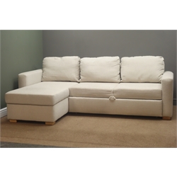  L shaped sofa bed, upholstered with cream fabric,   