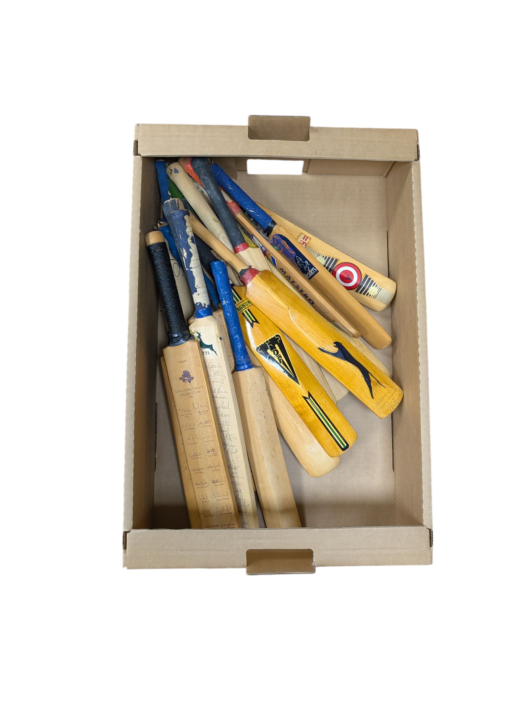 Sixteen signed miniature cricket bats, signed by 1990s County Cricket teams, including Northamptonshire 1992, Lancashire 1996, Surrey 1994, Essex 1991, Richard Blakely Benefit 1998, Worcester 1990 and Glamorgan 1994