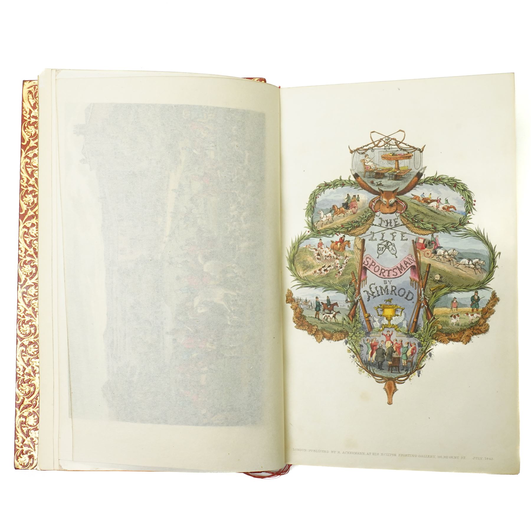 Nimrod (Apperley, Charles) -  'The Life of a Sportsman' published Rudolph Ackermann 1842 first edition , hand coloured plates by Henry Alken, all edges gilt, rebound in red and gilt leather by Bayntun Riviere, Bath