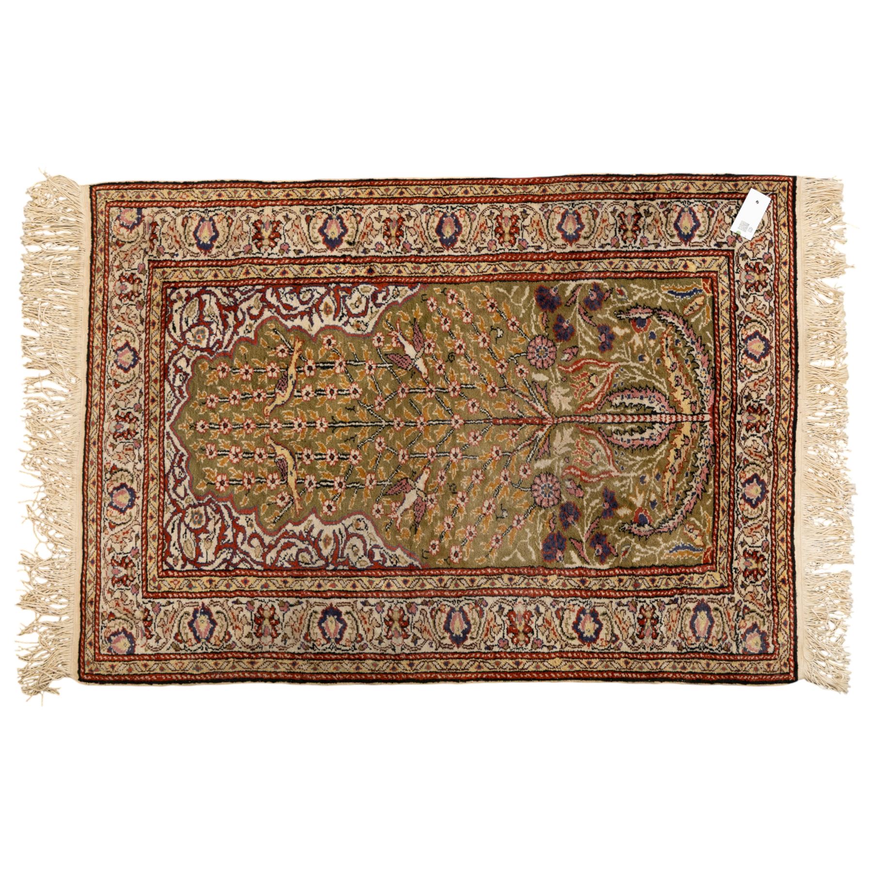 Afghan Ziegler rug, terracotta field with an all-over design of palmettes and stylized foliage in soft beige and gold tones, with a Persian Qum silk prayer rug, with a central tree of life and flowering branches and birds, within multiple floral borders, 88x125cm (2)