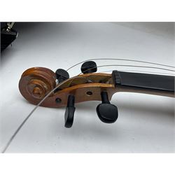 Four student violins - two Chinese three-quarter size with 33.5cm and 34cm two-piece backs; Stringers of Edinburgh quarter size with 28cm two-piece back; and Stentor quarter size with 28cm two-piece back; each in carrying case (4)
