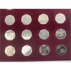 Queen Elizabeth II United Kingdom London 2012 Olympic commemorative fifty pence collection comprising twenty-nine coins and completer medallion, housed in unofficial display case