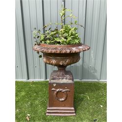 Terracotta garden urn on plinth - THIS LOT IS TO BE COLLECTED BY APPOINTMENT FROM DUGGLEBY STORAGE, GREAT HILL, EASTFIELD, SCARBOROUGH, YO11 3TX