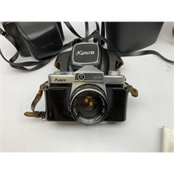 Quantity of Cameras , Lenses and Table Top Viewer- To be assessed 
Collection of cameras, lenses and photography equipment, to include Praktica EE2, Kowa SE, Kodak 66 model II, Inovar, lens Carl Zeiss Jena DDR Flektogon 2.4/35, lens Pentacon Electric f/2.8 135mm, Sunpak auto 2020, tripod  etc, together with a pair of Mark Scheffel 10x50 field binoculars.  