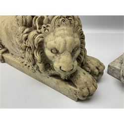 Two early 20th century reconstituted stone Grand Tour or Chatsworth House type lions after Antonio Canova, each modelled in recumbent pose upon a rectangular plinth, signed to plinth Dilettanti, each approximately L31cm