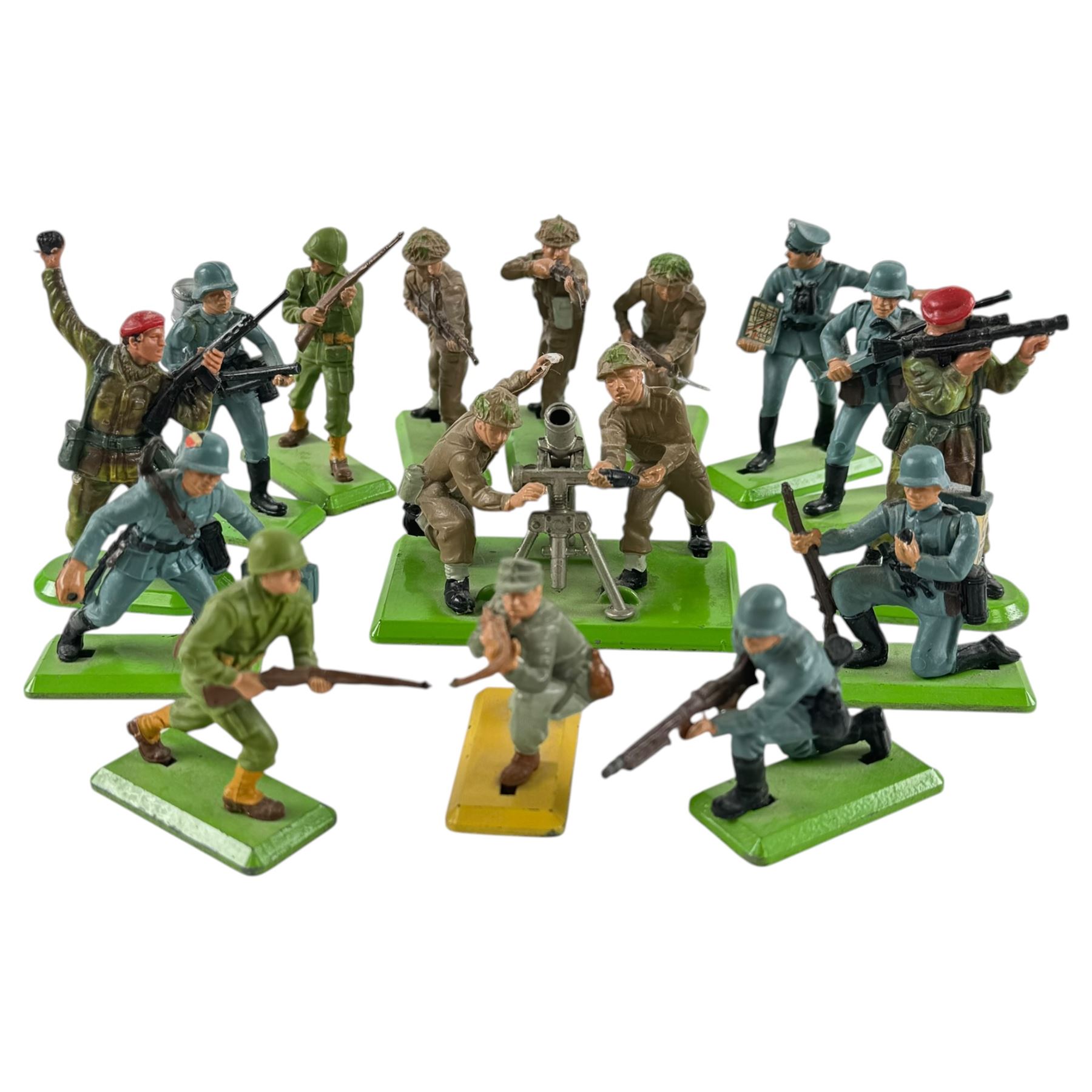 Collection of diecast dumper trucks, lorries, cement mixer, etc including Tonka and Britains examples, together with Britains Deetail soldiers and military vehicles, including SWB Land Rover and Kettenkrad