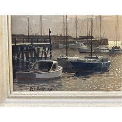 Don Micklethwaite (British 1936-): Scarborough Harbour at Sunset, oil on canvas board signed 34cm x 49cm

