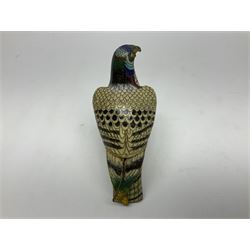 Pair of early 20th century Chinese cloisonné falcons, the 'plumage' picked out in hues of blue, green and red, each with gilt metal beaks and talons, and applied wing tips, with naturalistically modelled wooden stands of differing heights carved as tree stumps, tallest falcon H11.5cm L14cm
Provenance: Purchased by the vendors family in 1986 in Jeddah, Saudi Arabia