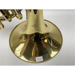 French horn marked 'hornblower 161' and another similar example, together with a trumpet