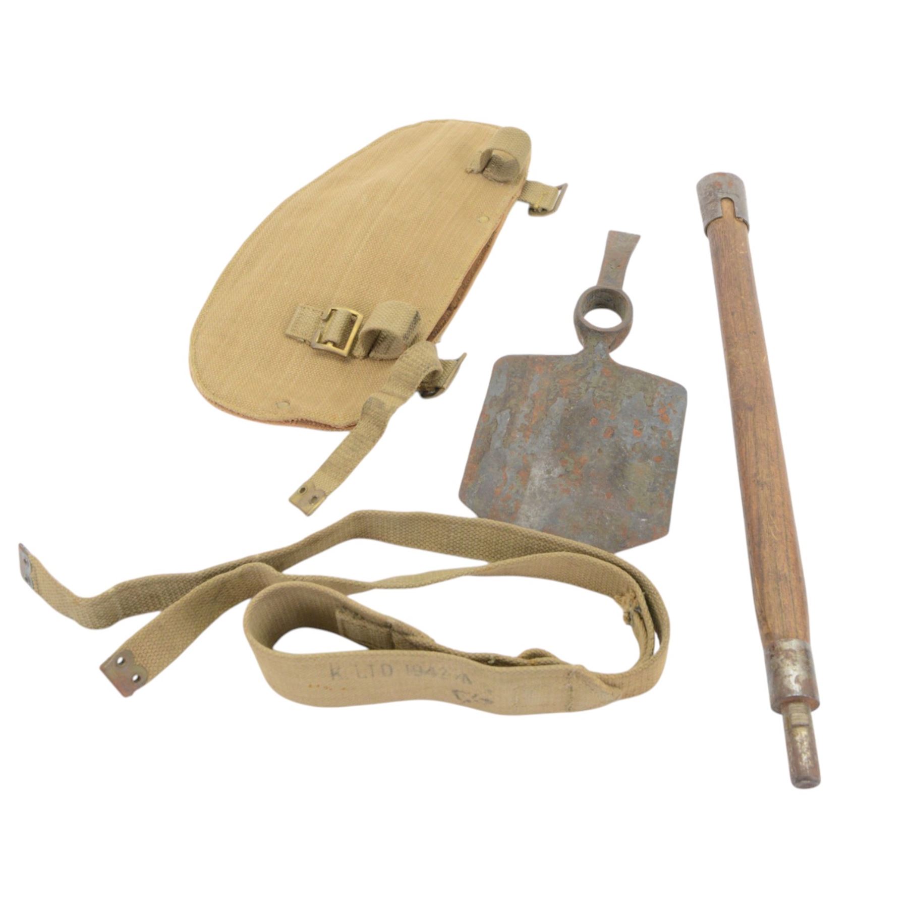 WWII British army entrenching tool in webbing case maker stamped 1943 with board arrow, together with cased pointer staff and a pair of wire cutters in webbing case 