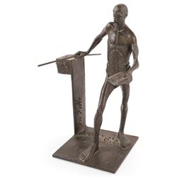 Modernist School (mid-20th century) - bronze cast sculpture depicting a blind man resting on a stand, holding a book and cane with braille detail, signed Lei, dated 2000 and edition 13 H33cm