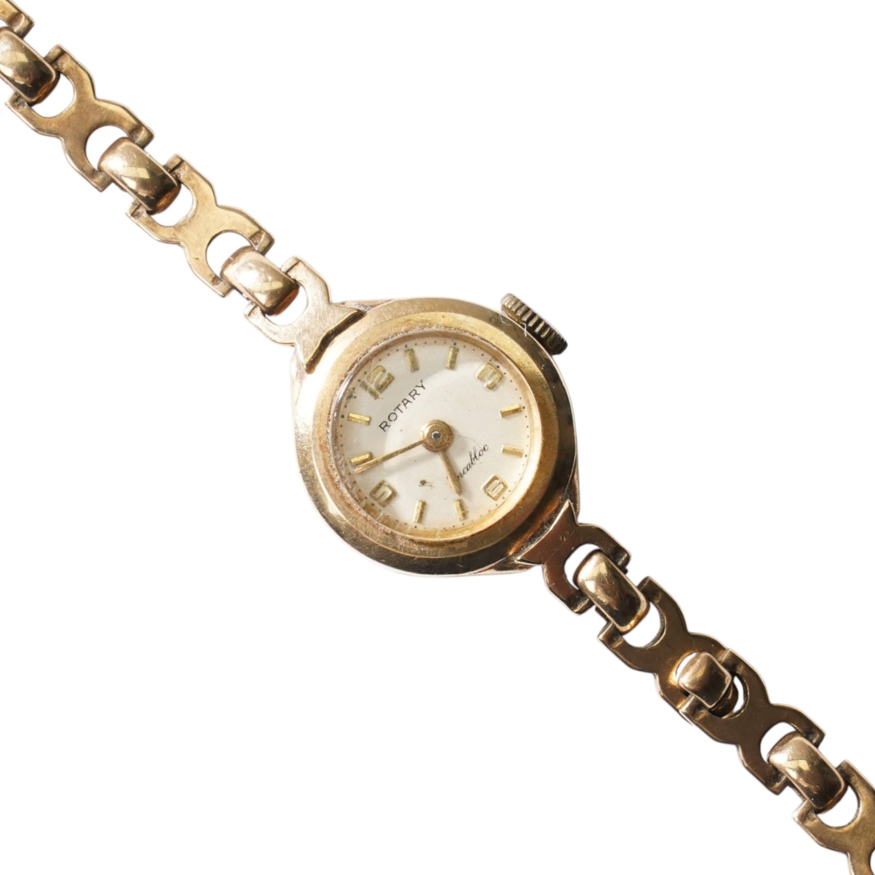 Rotary 9ct gold ladies manual wind wristwatch, on integral 9ct gold bracelet, hallmarked