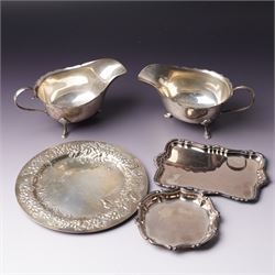Pair of silver sauce boats with crimped rims Sheffield 1935 Maker Mappin & Webb, small emb...